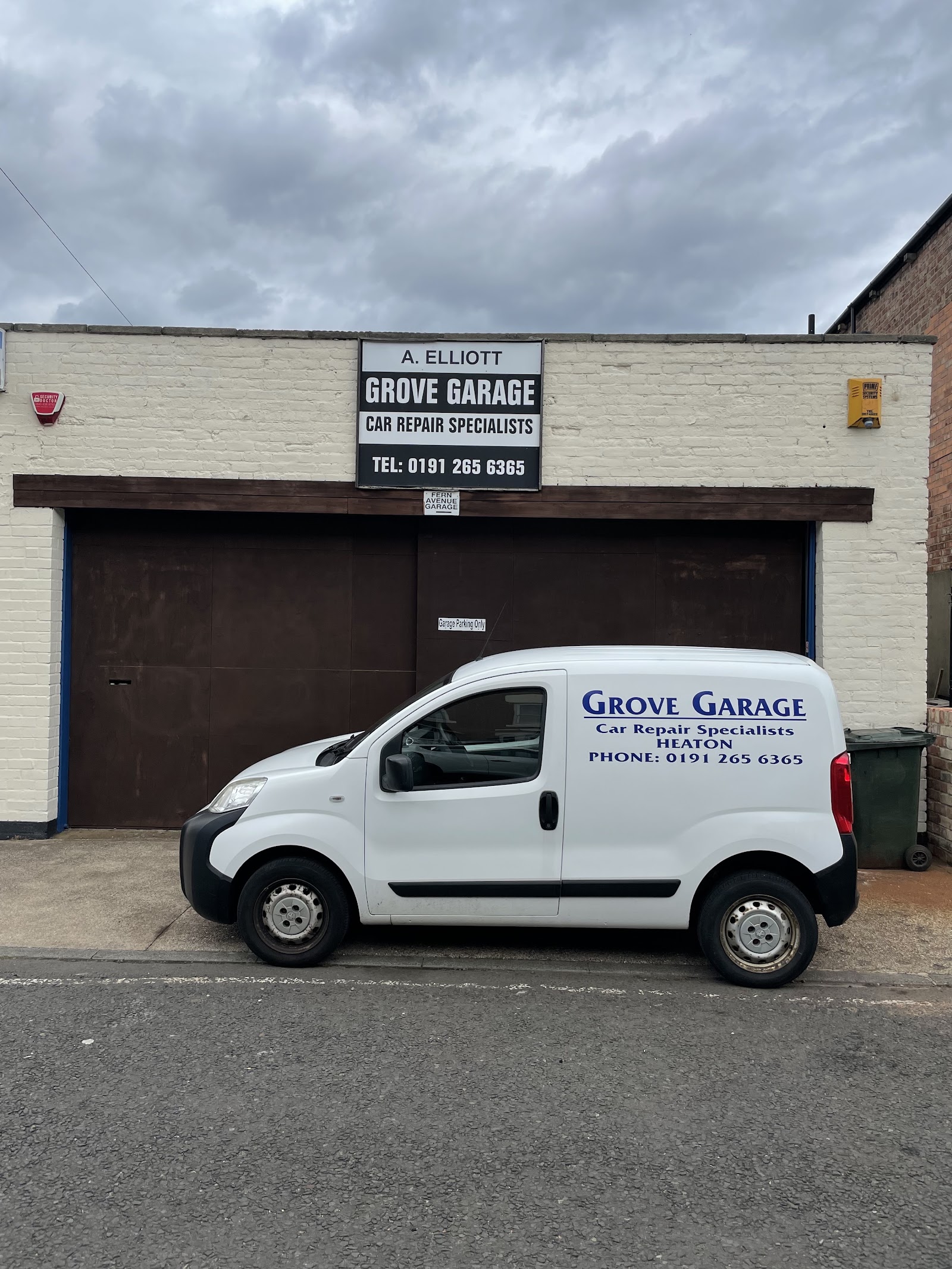 The Grove Garage van parked at the Heaton workshop frontage