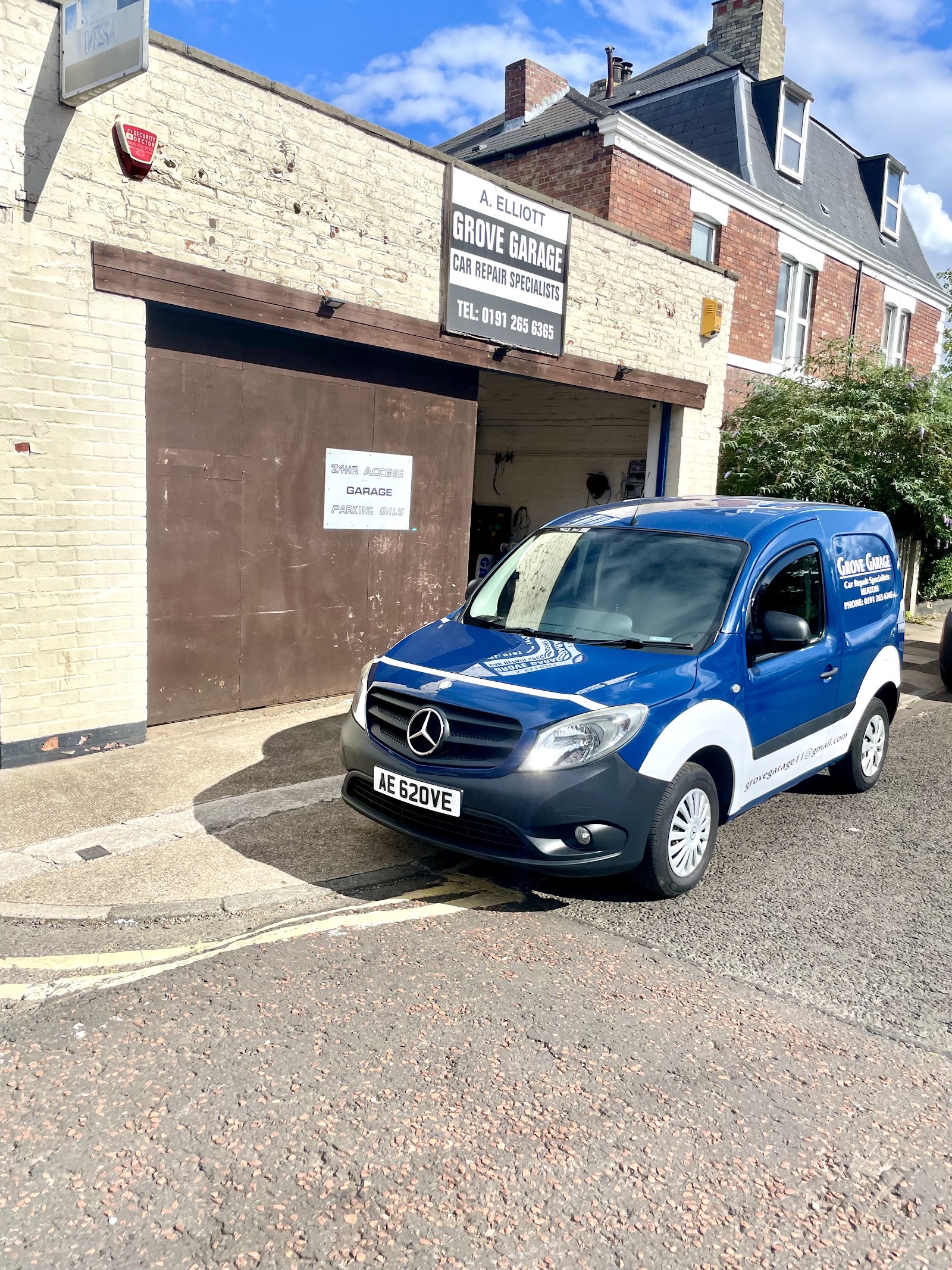A Grove Garage van outside the workshop on Heaton Hall Road